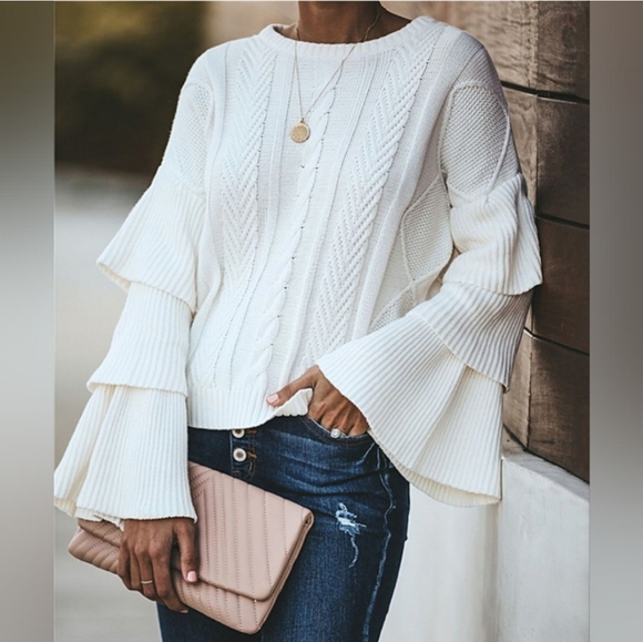 Endless Rose Sweaters - Endless Rose White Cable Knit Tiered Bell-Sleeve Sweater Women's Size Small S